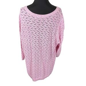 Talbots Plus 2X Pink White Marled Pointelle Chevron Cotton Linen Sweater 3/4 Slv